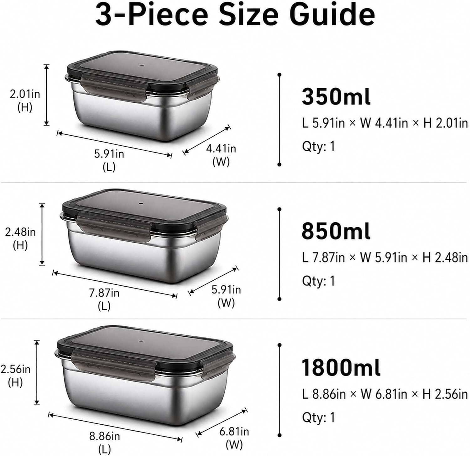 3-Pack Steel Food Containers with Lids
