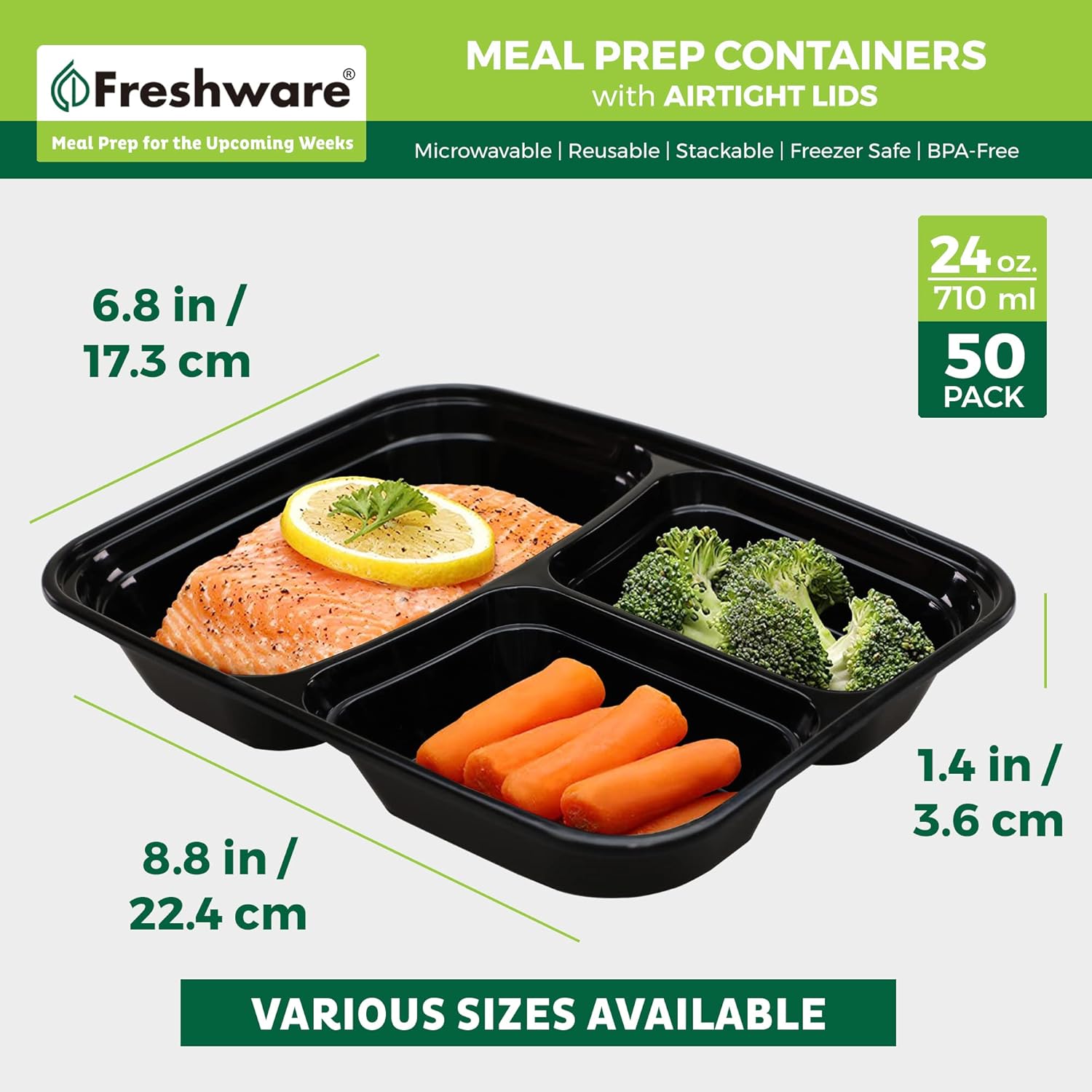 50-Pack Three-Compartment Food Containers