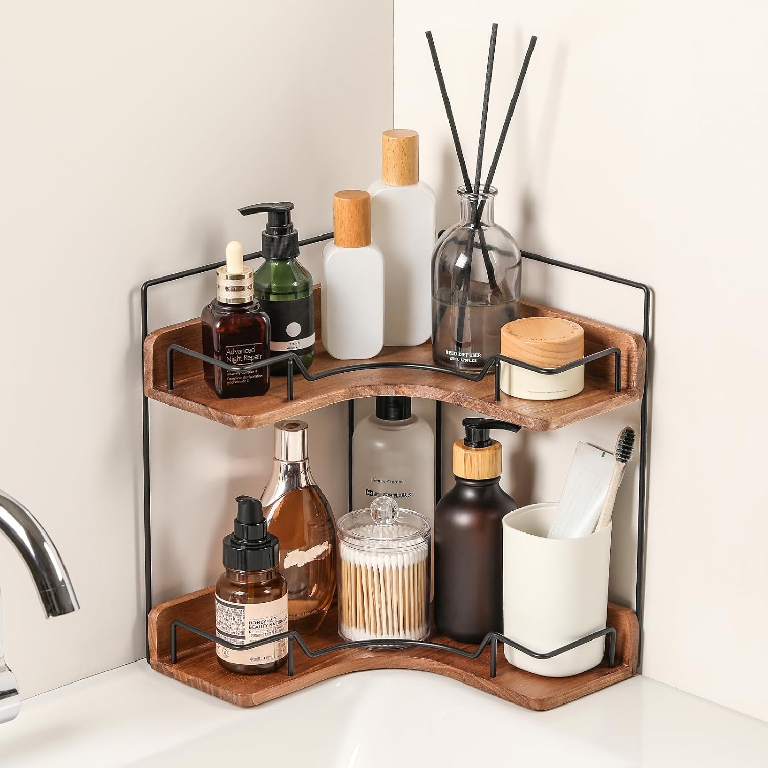 Two-Tier Wooden Corner Shelf